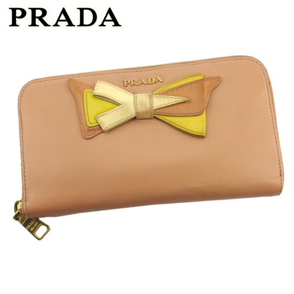 Prada long leather motif ribbon beige pink Wallet yellow - Picture 1 of 6